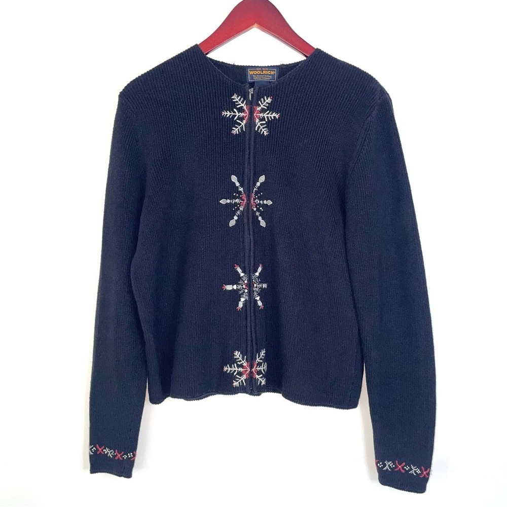 Woolrich vintage front-zip cardigan sweater black snowflake knitted medium